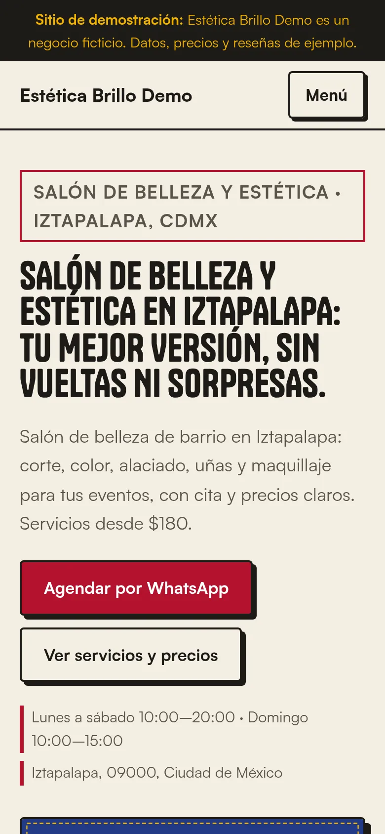 Captura en celular del mismo sitio de demostración